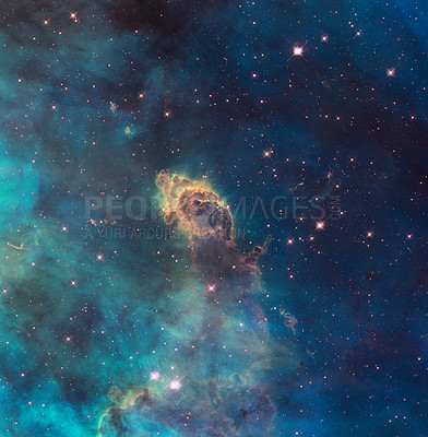 Buy stock photo Neon dust, space and stars in universe with light, pattern and color glow with solar system gas. Galaxy, infinity and planets in milky way with nebula shine, dark sky and blue clouds in aerospace.