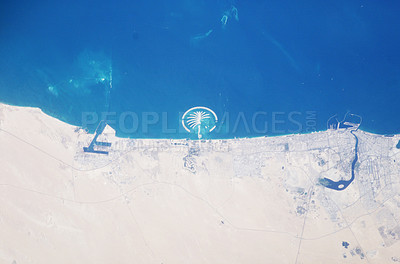 Buy stock photo Earth, satellite and landscape, map of desert and Dubai, water and sand in environment, nature and geography. Aerial view, country and terrain, ocean or sea from space with city, island or coastline