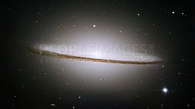 Buy stock photo Sombrero, planet or universe for solar system, nebula or science with mock up space on black background. Galaxy, star or innovation with research, milky way or astrology for exploration and discovery