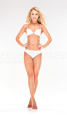Buy stock photo Skincare, confident and portrait of woman in underwear on white background for wellness, beauty and shaving. Spa, salon and isolated person in lingerie for grooming, cosmetics and health in studio