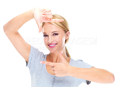 Buy stock photo Portrait, woman and finger frame in studio to review creative profile picture on white background. Happy model check perspective for photography ideas, planning selfie and hand sign to border face 