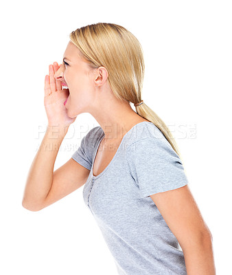 Buy stock photo Profile, woman and shouting in studio with voice for protest, speech and human rights revolution. Angry model screaming to broadcast news, announcement and attention justice for on white background 