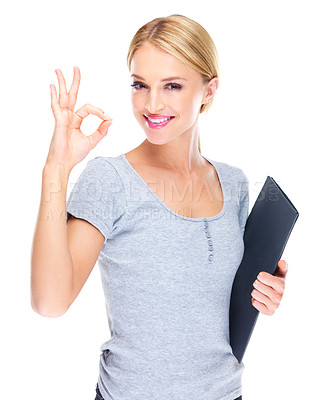 Buy stock photo Happy woman, portrait and OK sign for business success, winning or perfect against a white studio background. Female person, employee or receptionist smile with okay emoji, yes sign or like on mockup