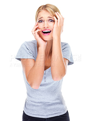 Buy stock photo Portrait, fear and woman scared in studio for bad news, horror and terror on white background. Model panic for anxiety, alarm and scary surprise with stress, omg reaction and shock for crazy drama 