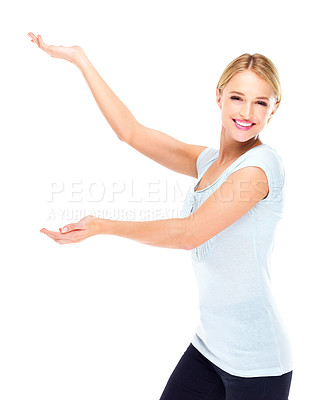Buy stock photo Woman, portrait and advertising presentation in studio for deal, choice and feedback of information on white background. Happy model show mockup, launch promotion and announcement of news about us 