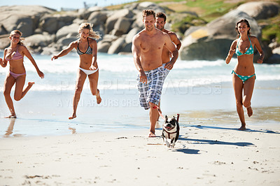 Buy stock photo Dog, travel or people running on beach for a fun summer holiday vacation or exercise together. Smile, healthy or group of happy friends jog on a adventure for wellness, workout or freedom with pet