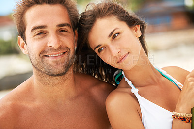 Buy stock photo Couple, partner and love, holiday and travel with summer and bonding outdoor, portrait and people on beach date. Happy, together and support, man and woman in relationship, young and fun adventure