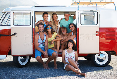 Buy stock photo Caravan, transport and friends on road trip, travel and summer vacation with portrait of people and relax. Happiness, freedom and together on adventure with transportation and fun on friendship date