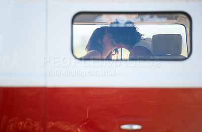 Buy stock photo Caravan, transportation and couple kiss on road trip, travel and vacation with people in relationship and commitment. Love, intimacy with window and freedom on adventure together, transport and date