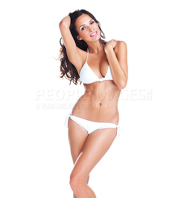 Buy stock photo Bikini, body and portrait of a sexy woman isolated on a white background in a studio. Smile, slim and a young swimwear model with confidence, happiness and pride wearing a swimsuit for summer