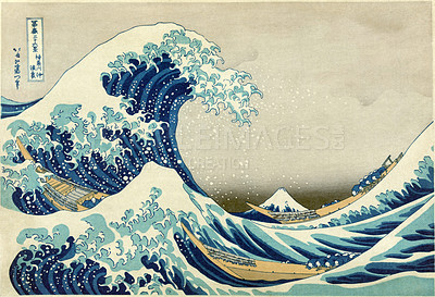 Buy stock photo Graphic, creative and a painting of ocean, water or sea during a storm. Asian, landscape and antique picture, illustration or drawing sketch of a rough wave of a river or lake with creativity in art