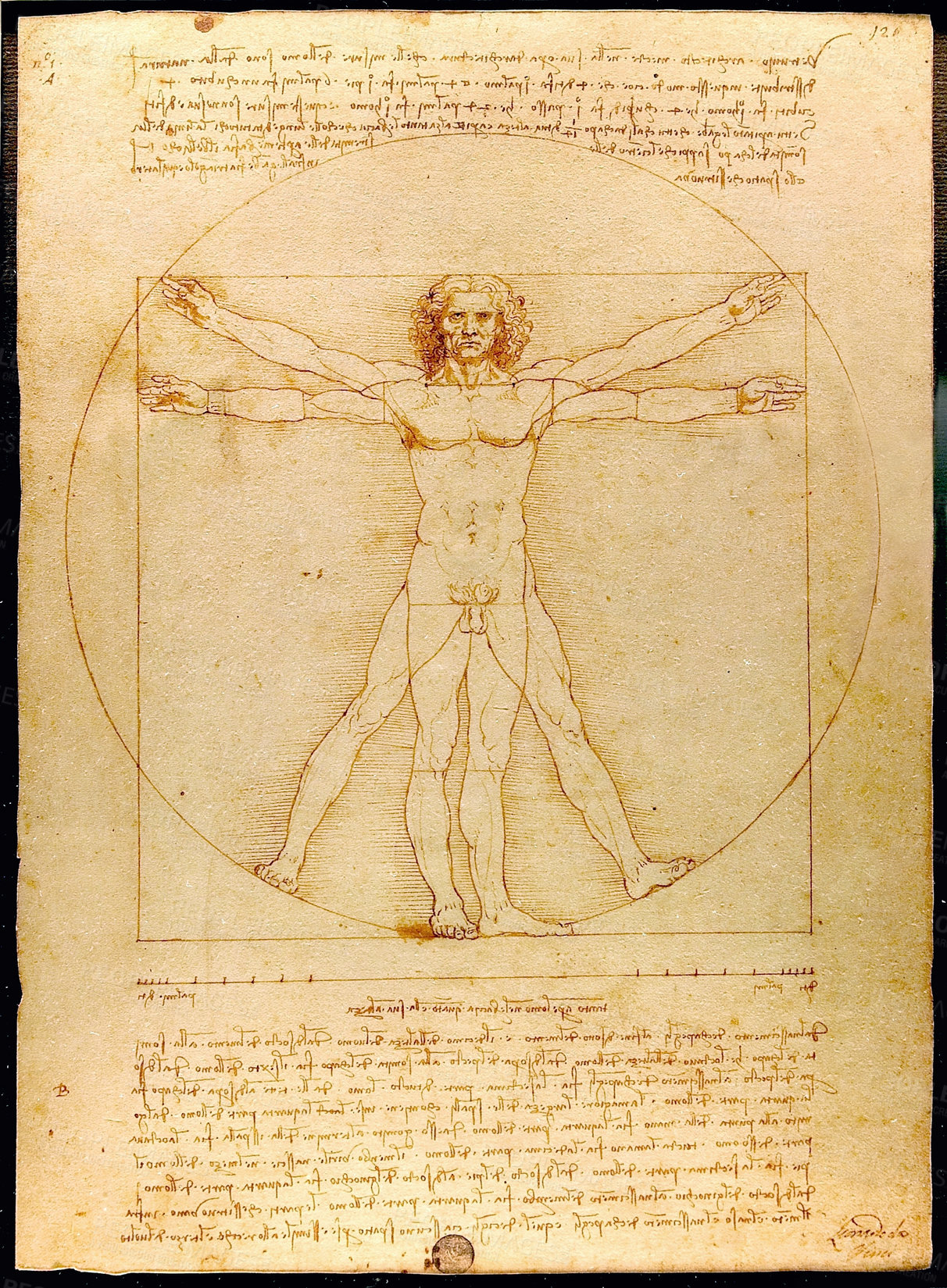 Buy stock photo Art, Da Vinci and drawing of anatomy of man for renaissance, science and biology painting. Vitruvian artwork, history symbol and famous artist design on parchment, vintage canvas and illustration  