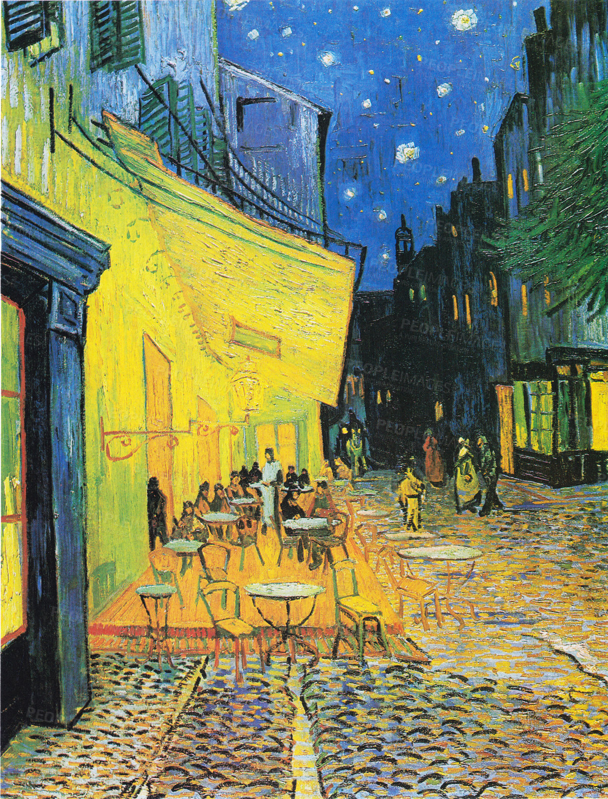 Buy stock photo Van Gogh, art and painting of cafe at night with dark street,  restaurant and terrace with gold light in creative style. Vintage, artwork and coffee shop on canvas, print or drawing in oil paint
