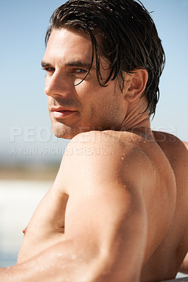 Buy stock photo Portrait, bare and outdoor with man, vacation and wet with getaway, weekend break and relax. Face, person and guy with travel, holiday and water with rest, tourist and pool with freedom and wellness