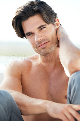 Buy stock photo Portrait, shirtless and man with a smile, relax and luxury with vacation, weekend break and calm. Face, model and person with jeans, shirtless and wellness with a guy, health and muscular with peace