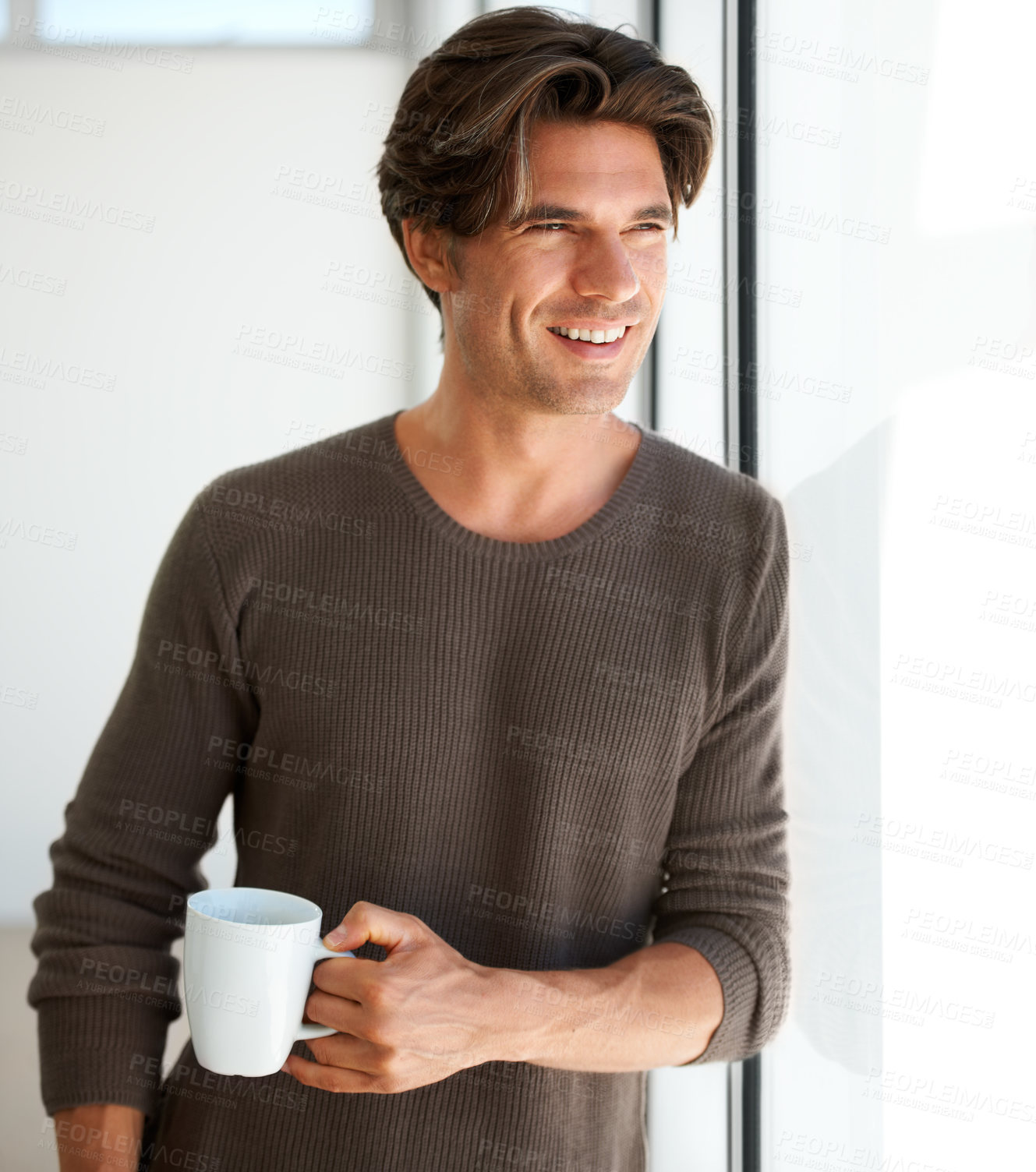 Buy stock photo Coffee, smile and young man in apartment with thinking, vision or reflection face expression. Handsome, happy and male person from Canada with latte, cappuccino or espresso with an idea at home.