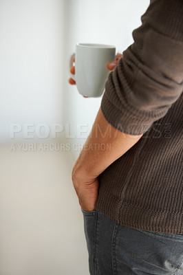 Buy stock photo Freelance, hands and closeup of man on coffee break in his home, relax and enjoying peaceful moment. Remote work, chilling and male freelancer drinking tea for stress relief, caffeine or inspiration