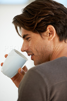 Buy stock photo Coffee, reflection and young man at apartment with memory, vision or thinking face expression. Handsome, morning and male person from Canada with latte, cappuccino or espresso with an idea at home.