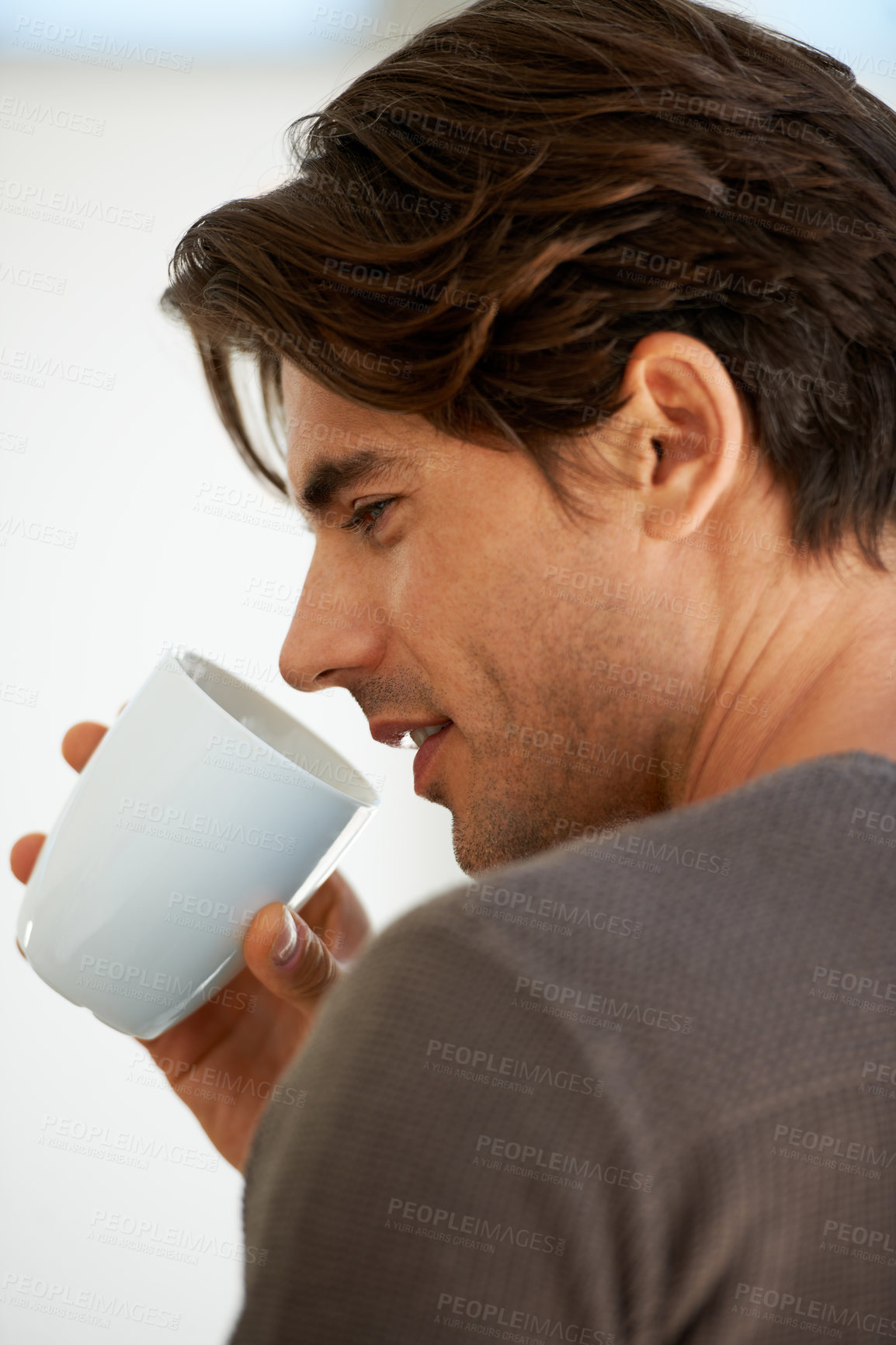 Buy stock photo Coffee, reflection and young man at apartment with memory, vision or thinking face expression. Handsome, morning and male person from Canada with latte, cappuccino or espresso with an idea at home.