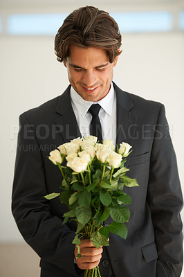 Buy stock photo Love, flowers and happy man with bouquet, gift or surprise for date, anniversary or romance. Roses, smile and male person with congratulations present, valentines day proposal or engagement gesture