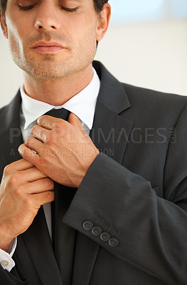 Buy stock photo Hands, tie and a business man getting ready for work or to start a new job as a corporate employee. Style, suit and dressing with a person in professional clothes for the beginning of his career