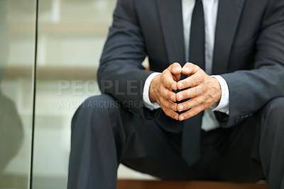 Buy stock photo Anxiety, stress and hands of business man on building steps overthinking job interview closeup. Fear, worry and zoom of unsure male entrepreneur on stairs with doubt, disaster or mental health crisis