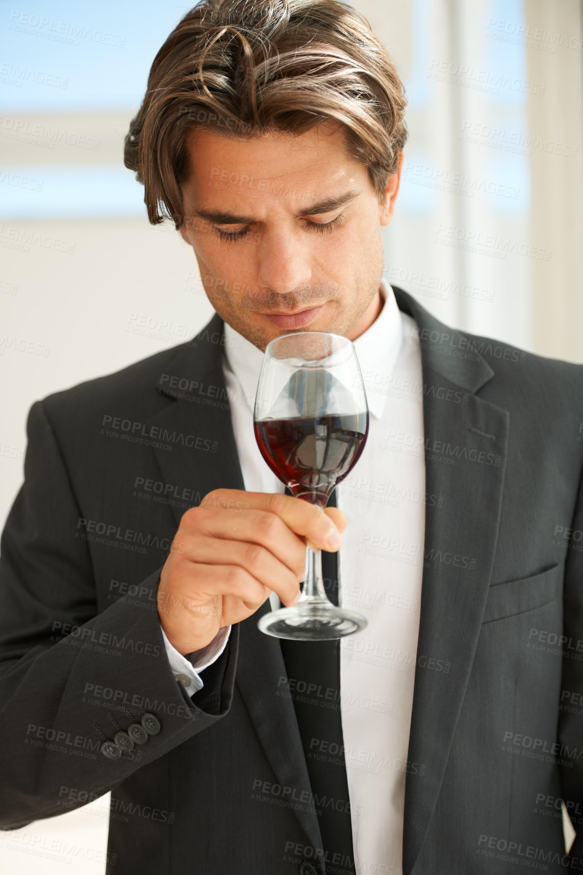 Buy stock photo Glass of red wine, glass and man with promotion, thinking and celebration with event, aroma and suit. Rich, guy and expert with alcohol, idea and luxury with beverage, drink and winery with scent
