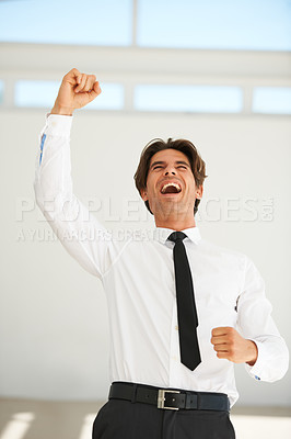 Buy stock photo Business, man and screaming for success in office to celebrate profit, happy promotion or winning deal. Excited corporate worker, winner and shouting with fist for celebration, cheers or bonus reward