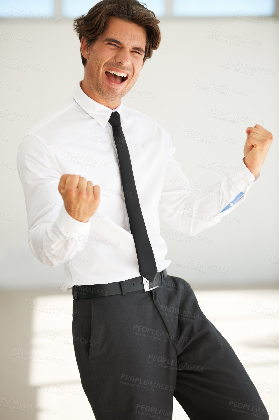 Buy stock photo Business man, portrait and celebrate success in office of investment profit, promotion and winning deal. Happy corporate worker, winner and shouting with fist for celebration, cheers and bonus reward