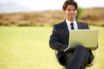 Buy stock photo Portrait, laptop and businessman on chair in nature, typing email online on pc or remote work outdoor on mockup space. Computer, smile or professional lawyer in countryside on technology to freelance
