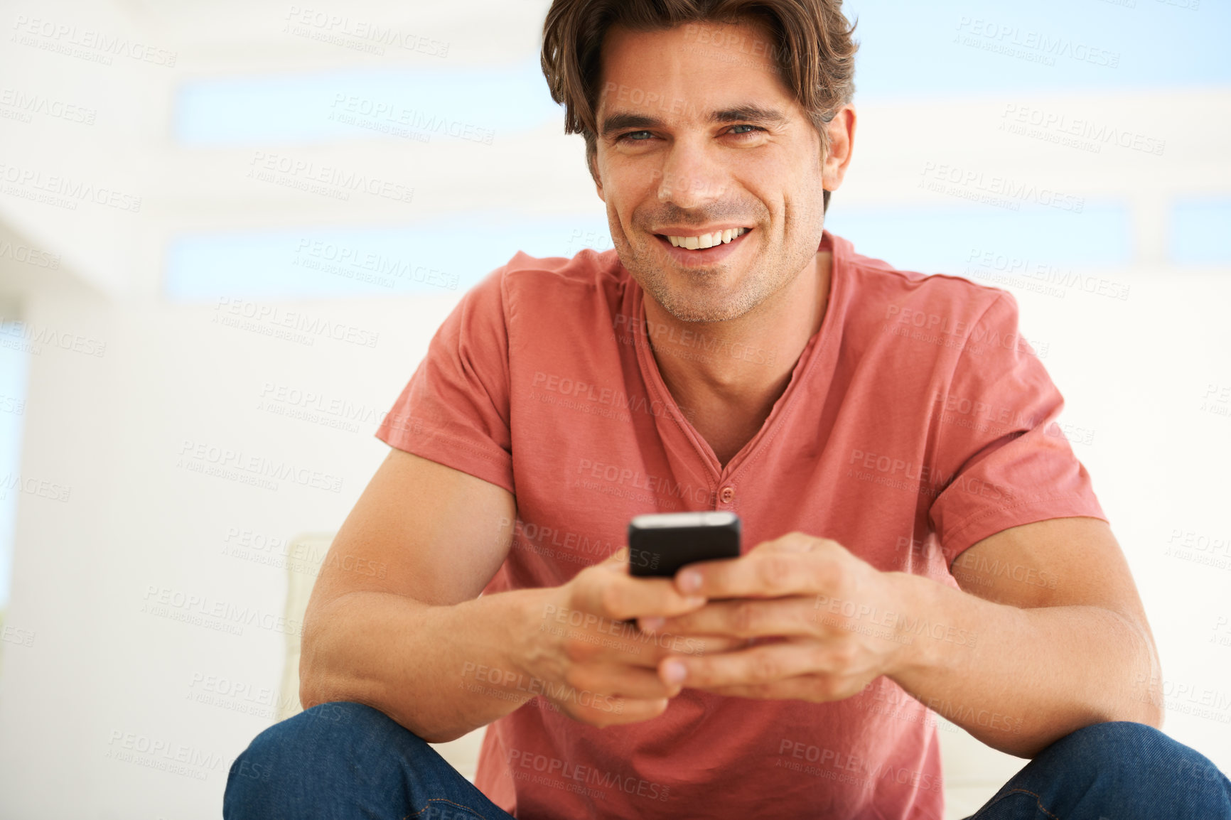 Buy stock photo Man, portrait and smile in home with smartphone, social network and update subscription connection. App, cellphone and happy guy download digital multimedia, search mobile and contact in modern house