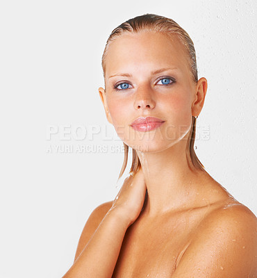 Buy stock photo Shower, beauty and portrait of woman on a white background for wellness, grooming and cosmetics. Spa aesthetic, luxury and face of isolated person for skincare, washing hair and cleaning in studio