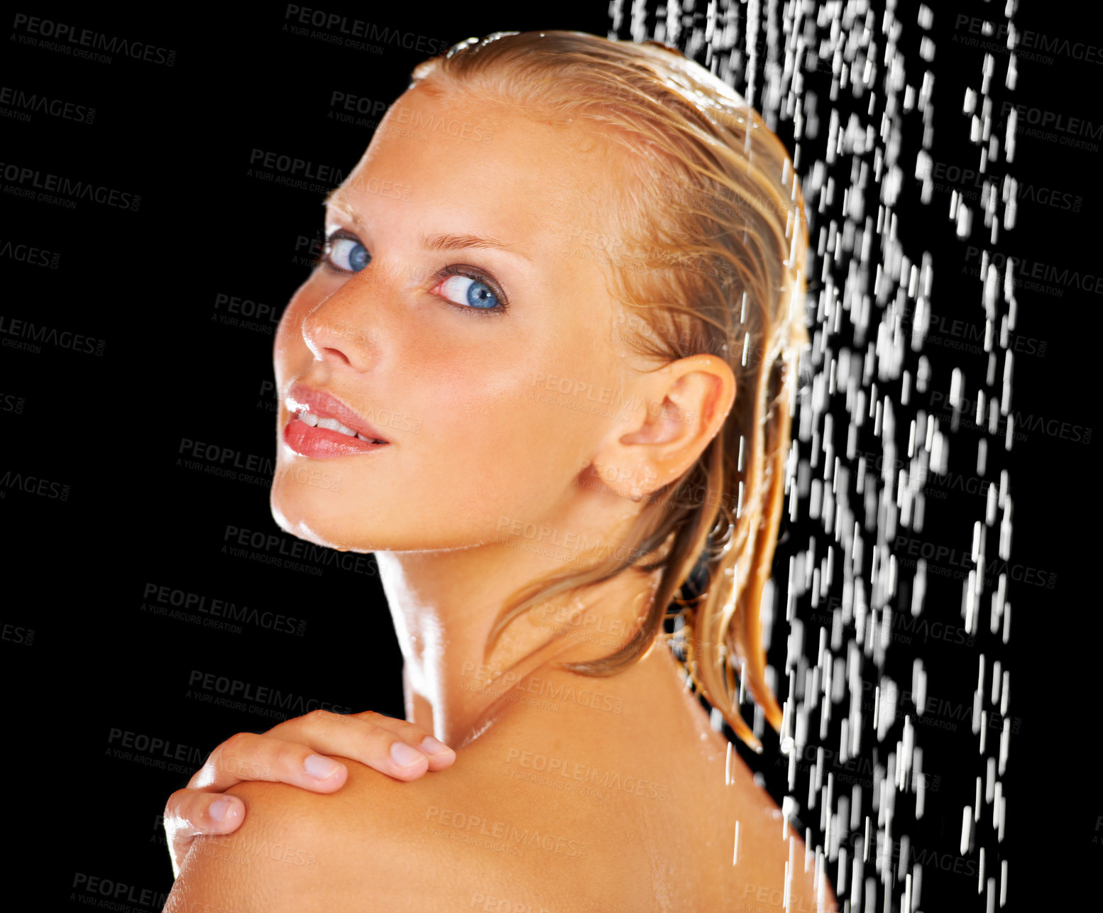 Buy stock photo Portrait of a beautiful young woman having a refreshing shower