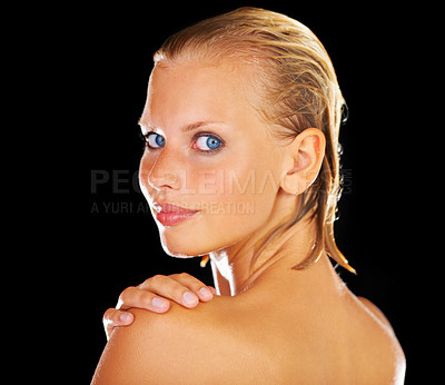 Buy stock photo Skincare, beauty and portrait of woman on black background for wellness, grooming and cosmetics. Dermatology, luxury spa and face of person with wet hair for shower, washing and cleaning in studio