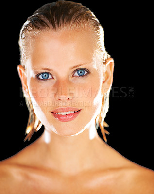 Buy stock photo Skincare, shower and portrait of woman on black background for wellness, grooming and satisfaction. Water, luxury spa and face of person with wet hair for beauty, washing and cleaning in studio