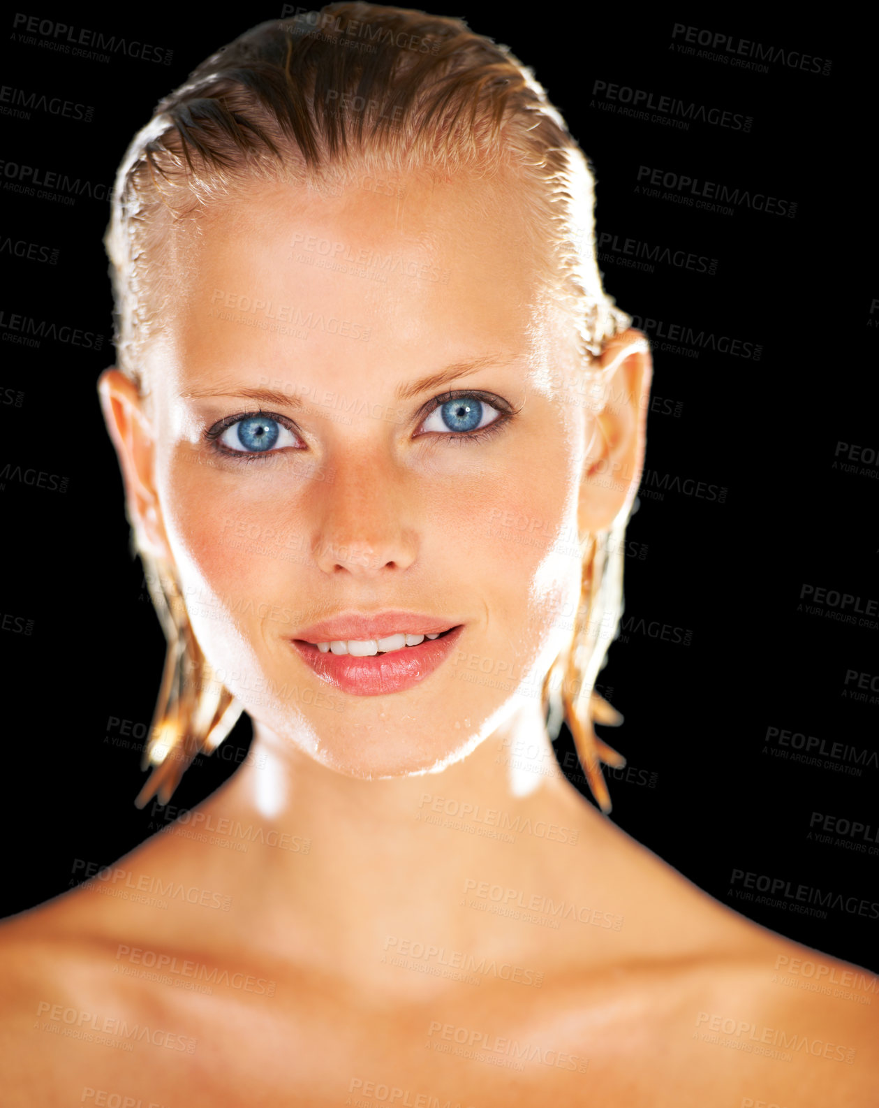 Buy stock photo Skincare, shower and portrait of woman on black background for wellness, grooming and satisfaction. Water, luxury spa and face of person with wet hair for beauty, washing and cleaning in studio