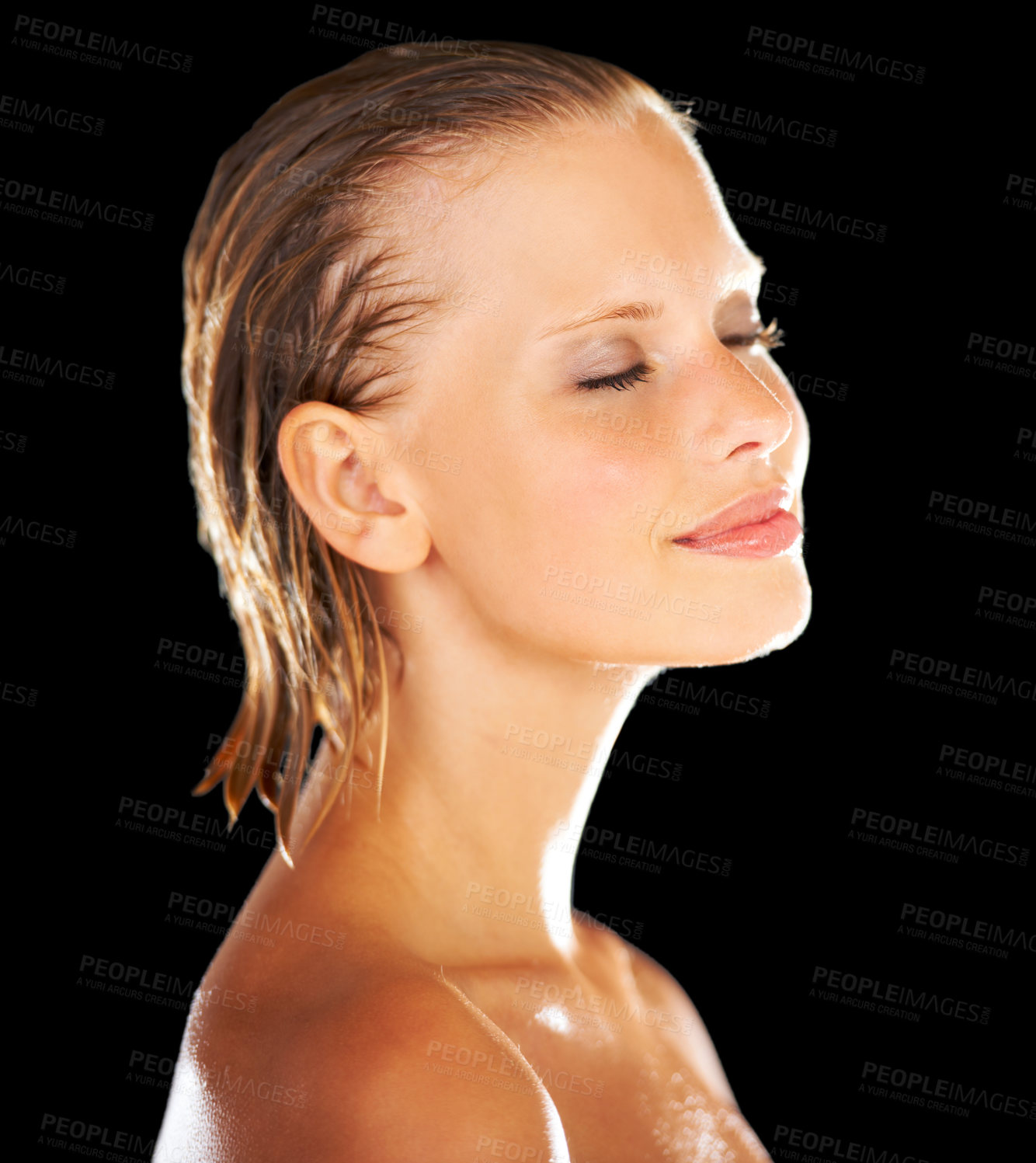 Buy stock photo Shower, beauty and face of woman on black background for wellness, grooming and cosmetics. Satisfaction, luxury spa and happy person with eyes closed for skincare, washing and cleaning in studio