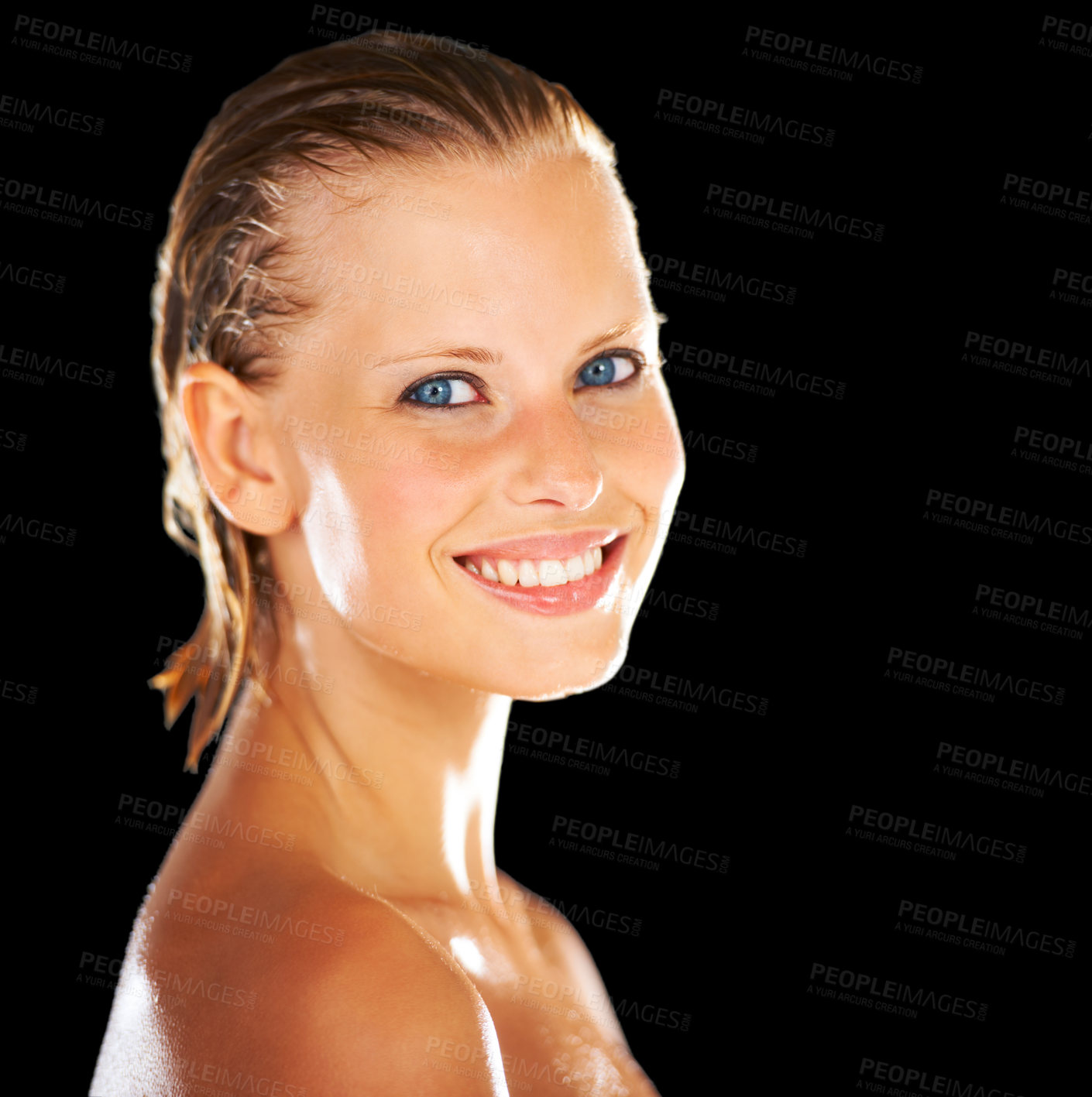 Buy stock photo Skincare, happy and portrait of woman on black background for wellness, grooming and beauty. Dermatology, luxury spa and face of person smile with wet hair for shower, washing and cleaning in studio