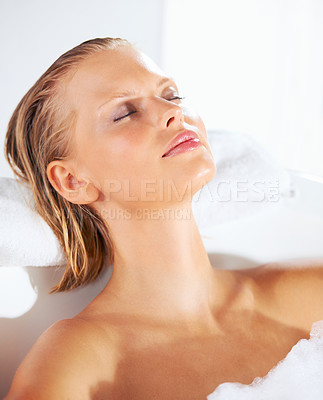 Buy stock photo Relax, woman and bath with foam, skincare and beauty for hair and shampoo treatment at home. Morning, sleep and calm female person with cosmetics, soap and bubble in a bathroom with cleaning foam