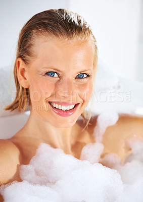 Buy stock photo Happy, woman and morning bubble bath portrait with cleaning, skincare and shampoo treatment. Wellness, girl and smile of a female person with soap in bathroom for hair wash and relax with foam