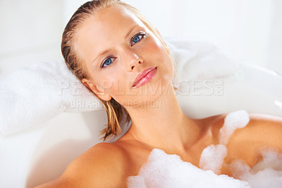 Buy stock photo Calm, woman and bath portrait with skincare, cleaning and shampoo treatment with cosmetics. Wellness, bubble and home of a female person with soap in a bathroom for hair wash and relax with foam
