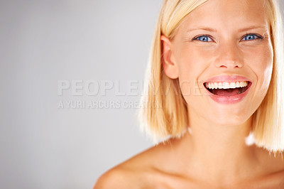 Buy stock photo Happiness, mockup beauty portrait and studio woman excited for facial cosmetics, skincare glow or natural makeup. Salon face, spa advertising space and dermatology model promotion on white background