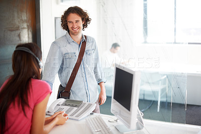 Buy stock photo Receptionist, happy guest and people talk, chat and discussion on company agenda, schedule or business. Communication, company reception and and client speaking, smile and consulting with secretary