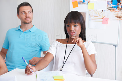 Buy stock photo Business woman, thinking and planning in meeting, startup project or brainstorming for magazine proposal or creative agency. Young people with ideas, goals and notes, marketing strategy or internship