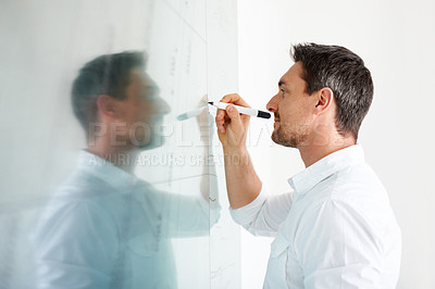 Buy stock photo Man, writing on glass board and brainstorming, business ideas at creative startup with agenda and planning. Productivity, schedule or timeline for SEO project, marketing strategy and moodboard