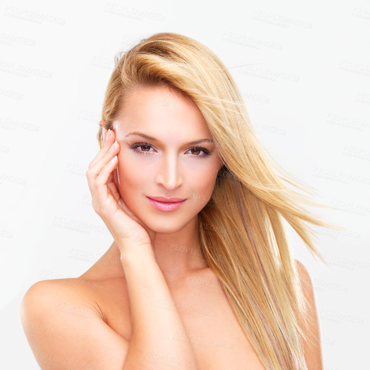 Buy stock photo Happy woman, portrait and face of blonde in beauty, makeup or cosmetics for skincare against a studio background. Female person or model for spa, salon or facial treatment in relax for dermatology