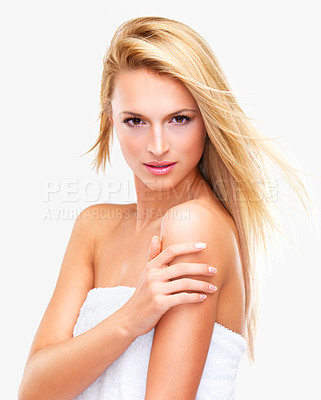 Buy stock photo Woman, portrait and face in natural beauty, makeup or cosmetics for skincare against a studio background. Female person, blonde or model for spa salon or facial treatment in relax or skin dermatology