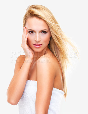 Buy stock photo Blonde woman, portrait and face in skincare, hair or beauty makeup and cosmetics against a white studio background. Female person or model for spa, salon or facial treatment in relax or dermatology