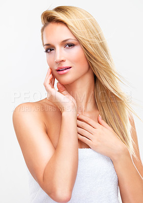 Buy stock photo Happy woman, portrait and face in relax for skincare, hair or beauty makeup and cosmetics against a white studio background. Female person or model for spa, salon or facial treatment in dermatology