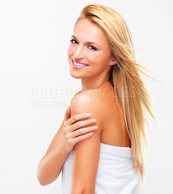 Buy stock photo Shower, towel and portrait of happy woman in studio for health, wellness and cleaning. Skincare, bathroom and face of isolated person for spa treatment, beauty and grooming on white background
